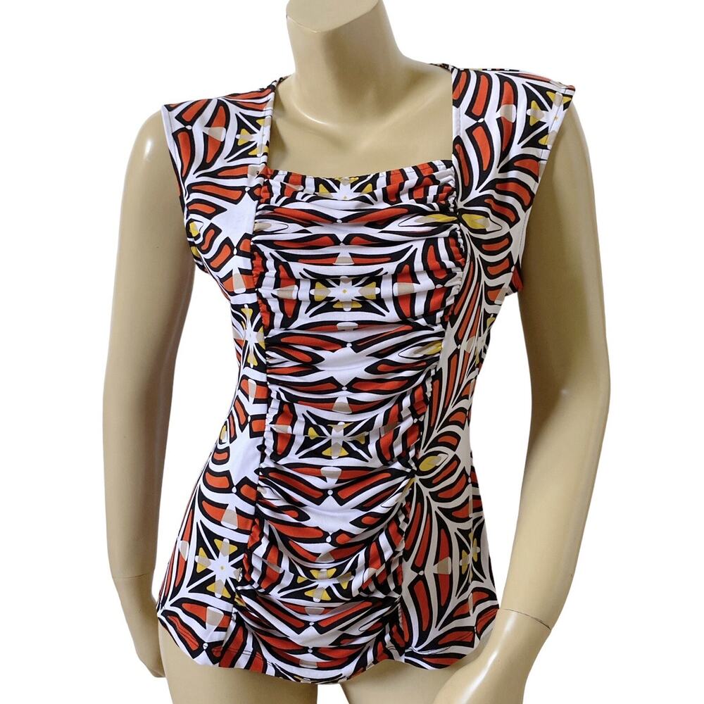Grayson Womens Ruched Tank Top Medium Retro Mod Print Stretch Y2K Sleeveless